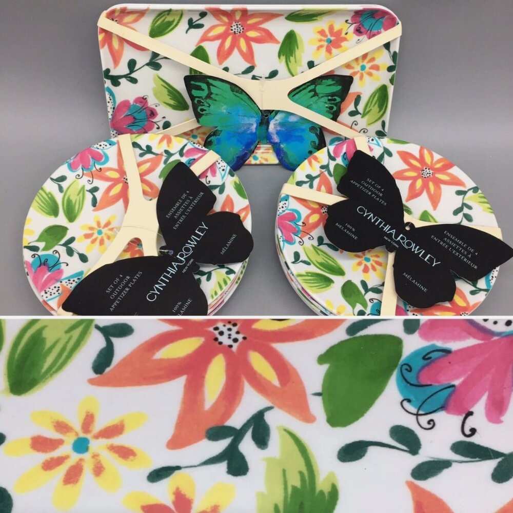 10pc Cynthia Rowley Summer Floral Melamine Appetizer Plate Tray Set Orange Pink